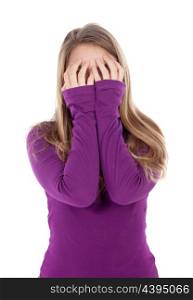 Worried girl covering her face isolated on a white background