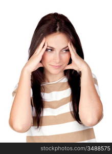 Worried girl with headache isolated on a over white background