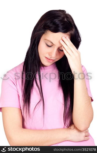 Worried girl with headache isolated on a over white background