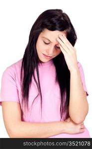 Worried girl with headache isolated on a over white background