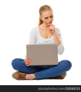 Worried girl with laptop isolated
