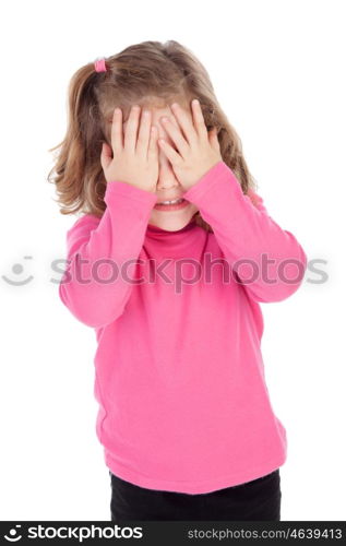 Worried little girl in pink isolated on a white background