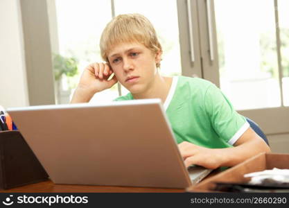 Worried Looking Teenage Boy Using Laptop At Home