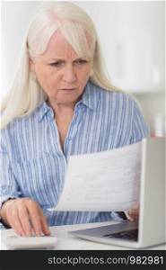 Worried Mature Woman With Laptop Calculating Household Finances