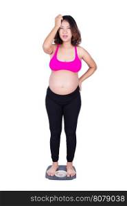 Worried pregnant woman on scale isolated on white background