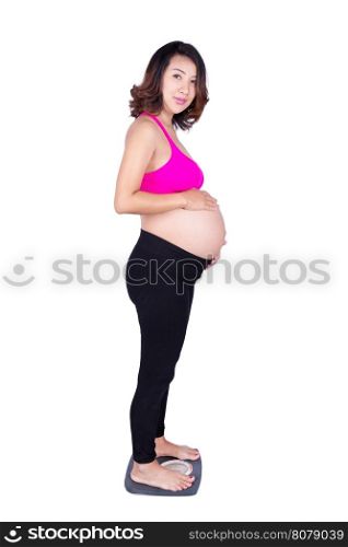 Worried pregnant woman standing on scale isolated on white background