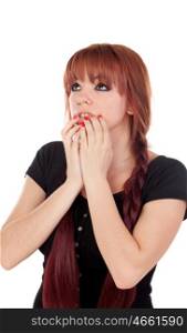Worried teenage girl dressed in black with a piercing isolated on white background