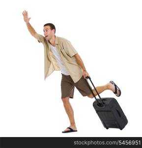 Worried tourist with wheels bag hurry to airplane