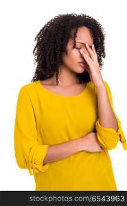 Worried woman. A worried young african woman, isolated over white