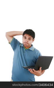 Worried young sman working on laptop