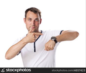Worrier man running out of time looking his watch isolated on a white background