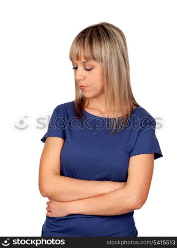 Worry blond woman isolated on a white background