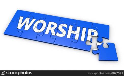 Worship sign and text development concept on blue jigsaw puzzle 3D illustration on white background.
