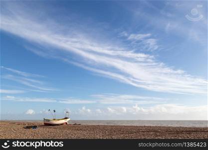 WORTHING, WEST SUSSEX/UK - NOVEMBER 13 : View of a fishing boat on the beach in Worthing West Sussex on November 13, 2018
