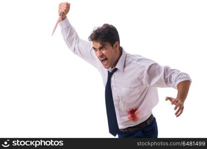 Wounded businessman with blood stains isolated on white backgrou. Wounded businessman with blood stains isolated on white background