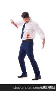 Wounded businessman with blood stains isolated on white backgrou. Wounded businessman with blood stains isolated on white background