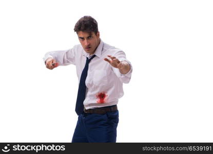 Wounded businessman with blood stains isolated on white backgrou. Wounded businessman with blood stains isolated on white background