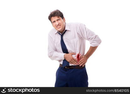 Wounded businessman with blood stains isolated on white backgrou. Wounded businessman with blood stains isolated on white background