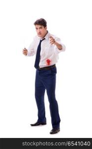 Wounded businessman with blood stains isolated on white backgrou. Wounded businessman with blood stains isolated on white background