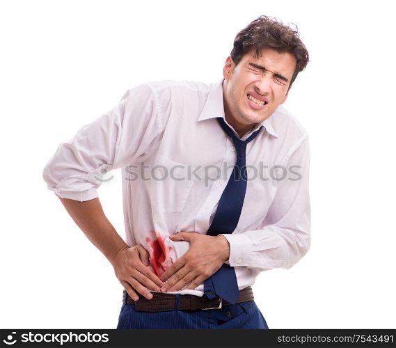 Wounded businessman with blood stains isolated on white background. Wounded businessman with blood stains isolated on white backgrou