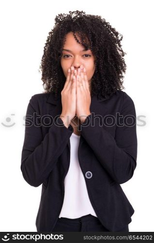 Wow I can&rsquo;t believe this!. A very surprised business woman, isolated over a white background