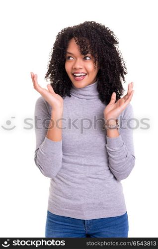 Wow I can&rsquo;t believe this!. A very surprised woman, isolated over a white background