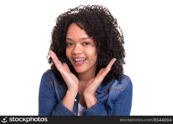 Wow I can&rsquo;t believe this!. A very surprised woman, isolated over a white background