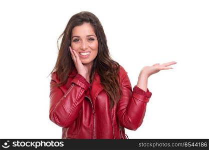 WOW ! Look at this!. Young beautiful woman presenting your product, isolated over white background