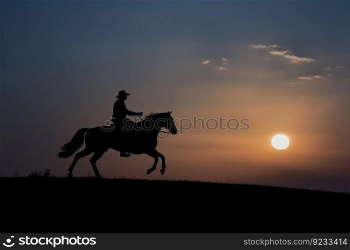 Wrangler riding horse sunset. Western lasso. Generate Ai. Wrangler riding horse sunset. Generate Ai