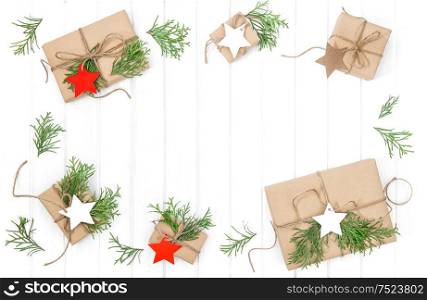 Wrapped gifts with christmas decoration. Holidays background