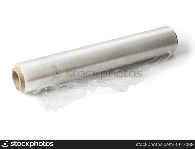 Wrapping plastic stretch film on white background. With clipping path