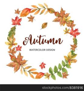 Wreath Design with Autumn theme, watercolour falling leaves vector illustration Template