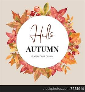 Wreath Design with Autumn theme, watercolour falling leaves warm vector illustration Template