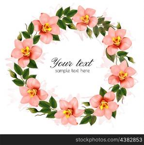 Wreath of beautiful pink orchids. Vector.