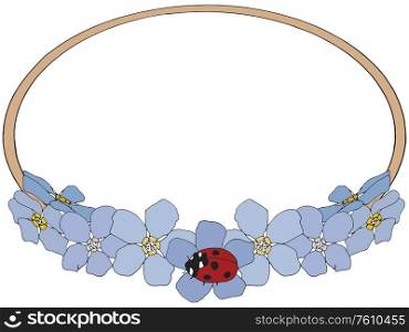 Wreath shape of violet flowers with a ladybug isolated over white background
