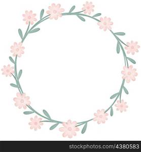 Wreath with pink spring flowers watercolor. Round floral frame with leaves. Greenery rim for invitation or congratulations. Wreath with pink spring flowers watercolor