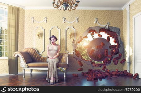 wrecking ball enters the room, scaring the woman on the sofa. Photo combination creative concept