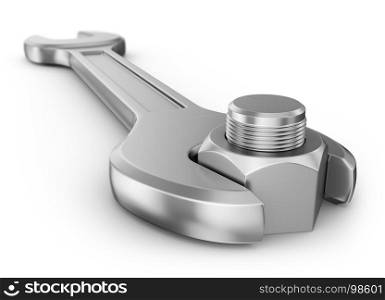 Wrench and nut with thread on a white background. 3d rendering.