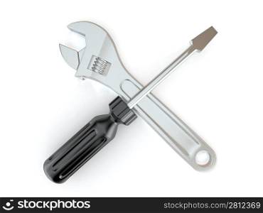 Wrench and screwdriver. Tools on white isolated background. 3d