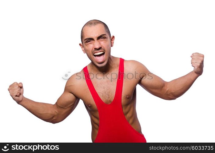 Wrestler in red dress isolated on the white