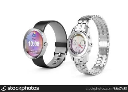 Wrist watches. Smartwatch and silver wristwatch on white background