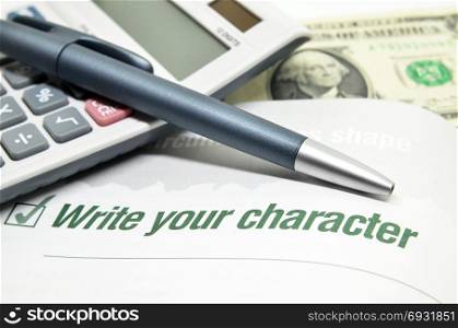 Write your character printed on book with calculator and pen
