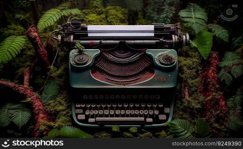Writer creativity imagination concept illustration, typewriter in amazon forest. Generative AI art. Writer creativity imagination concept illustration, typewriter in amazon forest. Generative AI 
