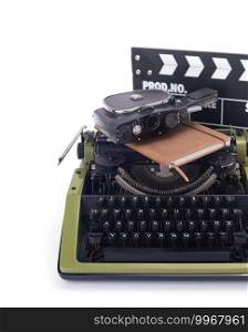 writer or screenwriter concept from vintage retro typewriter isolated on white background, film camera and movie clapper board at table