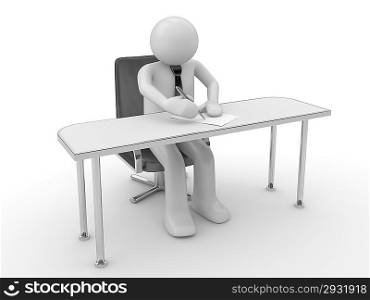 ""Writing man at workplace (people at office, stuff, manager series; 3d isolated character)""
