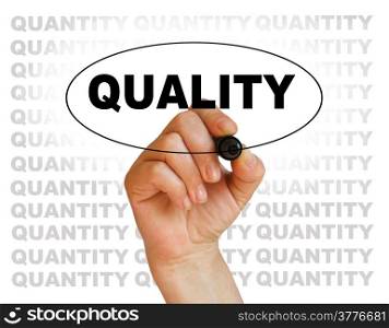 writing word &rsquo; Quality &rsquo; with marker on words qvantity background made in 2d software software