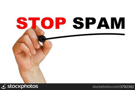 writing words &rsquo; STOP SPAM &rsquo; on white background made in 2d software