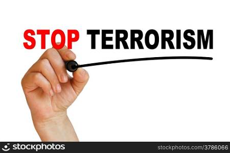 writing words &rsquo; STOP TERRORISM &rsquo; on white background made in 2d software