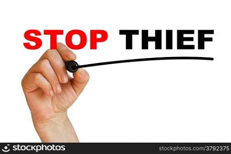 writing words &rsquo; STOP THIEF &rsquo; on white background made in 2d software