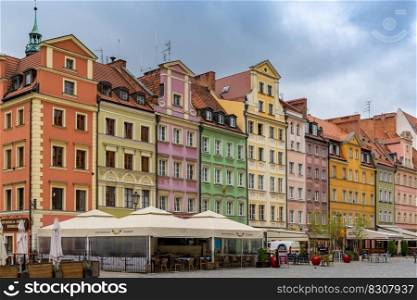 Wroclaw, Poland - 17 September, 2021  historic old town city center of Breslau with ist colorful buildings on the main town square near the city hall